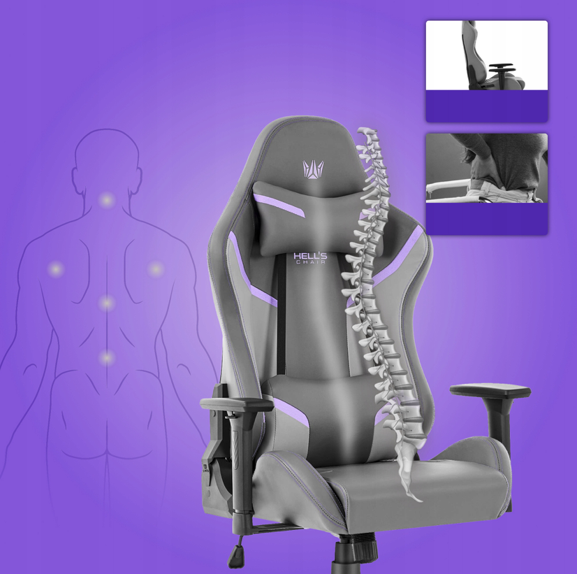 Herné ergonomické kreslo HC-2002 s nosnosťou 150 kg - sivé s fialovými detailmi