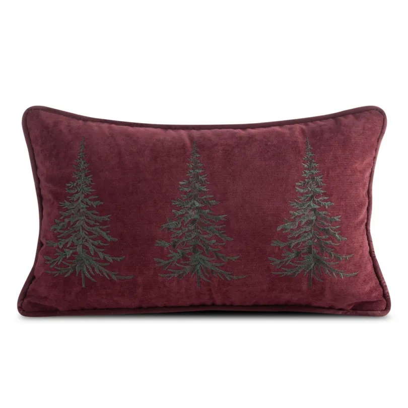 Față de pernă decorativă de Crăciun - burgundy cu motiv de copac verde