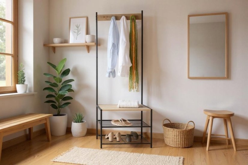 Szabadon álló ruhafogas kampókkal és polcokkal - 60 x 40 x 175 cm