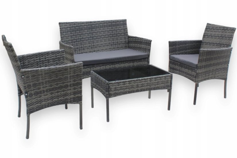 Kerti garnitúra kanapéval, fotelekkel és fekete üvegből készült asztallal