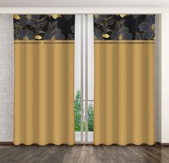 Класическа карамелено-кафява завеса с принт на златни цветя