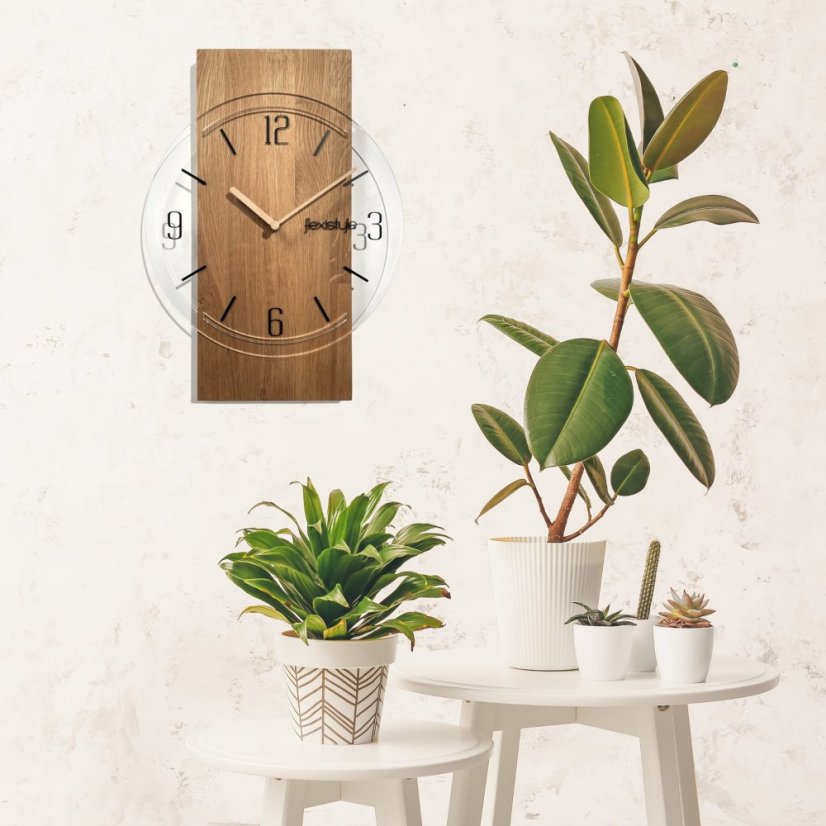 Dubové nástenné hodiny Geometric - číre sklo
