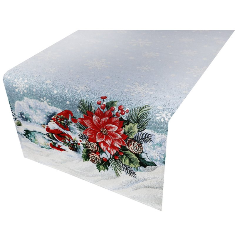 Karácsonyi faliszőnyeg terítő lurexszel - karácsonyi manó és téli tájkép