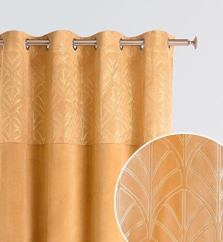 Elegantný horčicovo žltý zatemňujúci záves so striebornými kruhmi 140x280 cm