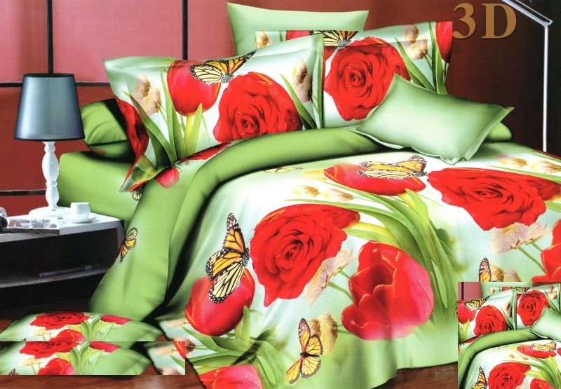 Zelené obliečky na posteľ z mikrovlákna s červenými ružami 