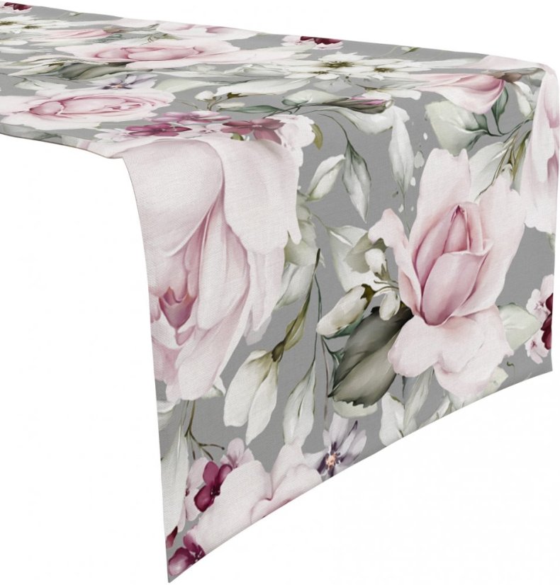 Asztali futó bazsarózsa nyomtatással szürke színben