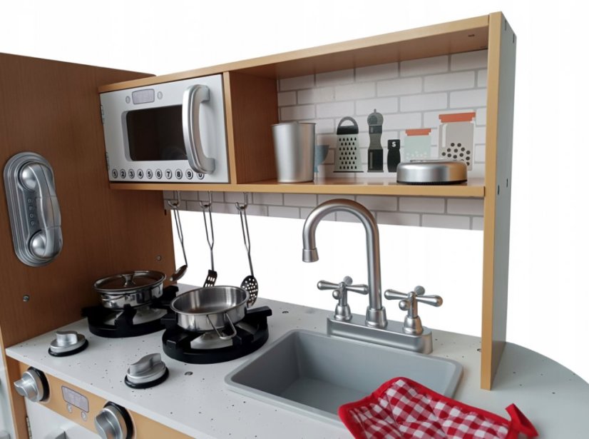 Cucina in legno per bambini con accessori e illuminazione a LED