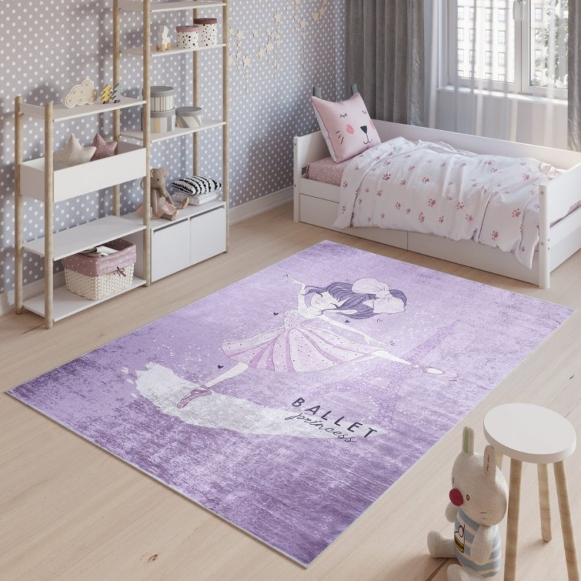 Lila Kinderteppich mit dem Motiv einer Ballerina am Eiffelturm