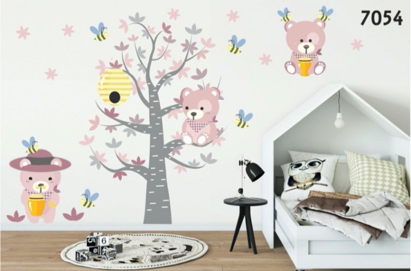 Autocolant frumos de perete pentru copii, cu ursuleți roz și albine - Mărimea: 80 x 160 cm