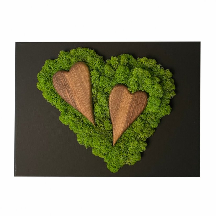 Lepa mahova slika z lesenimi srčki 40 x 30 cm