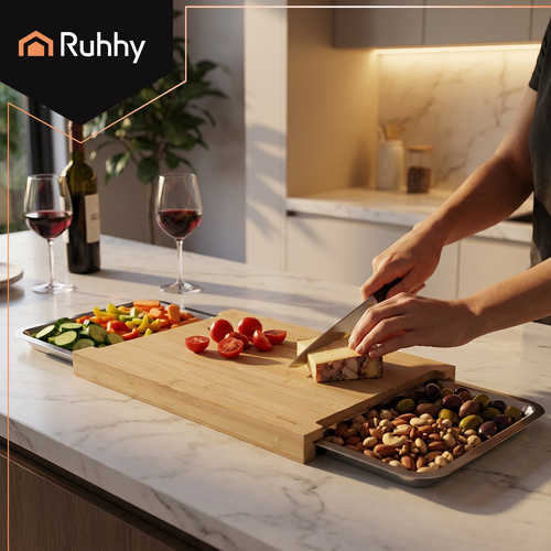 Bambusz vágódeszka kihúzható tárolókkal