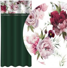Обикновена тъмнозелена завеса с принт на розови и бордови божури