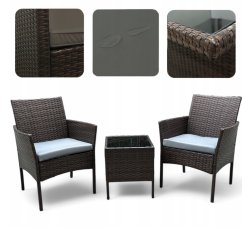 Rattan garnitúra asztallal és 2 fotelekkel - barna + világosszürke párnákkal