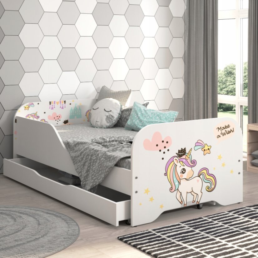 Kinderbett MIKI 160 x 80 cm mit Regenbogen-Einhorn-Motiv