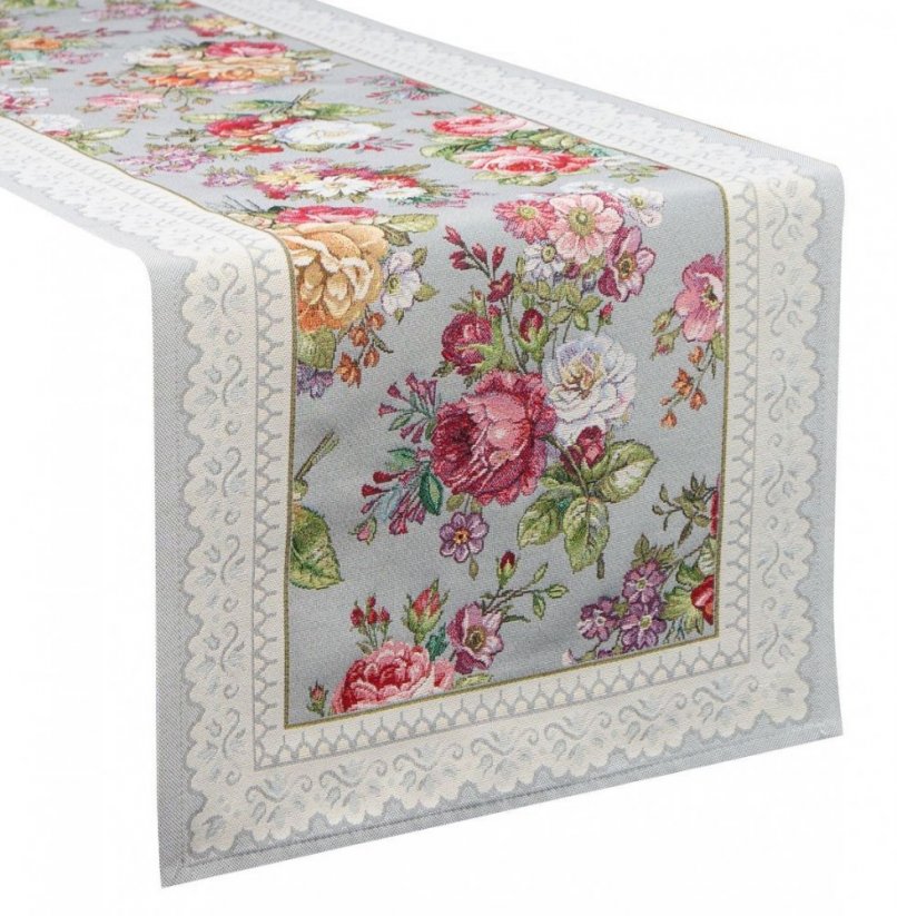 Sivi goblen stolnjak s romantičnim tkanim cvjetnim uzorkom