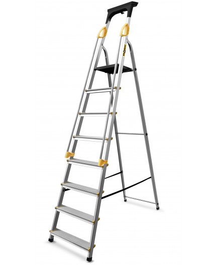 Hliníkový rebrík s 8 schodíkmi, zábradlím a nosnosťou 150 kg