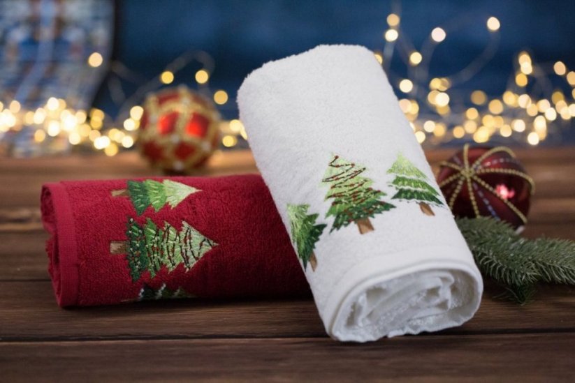 Bavlněný vánoční ručník červený s jedlemi