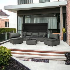 Sivý ratanový nábytok so slnečnou clonou - modulárny