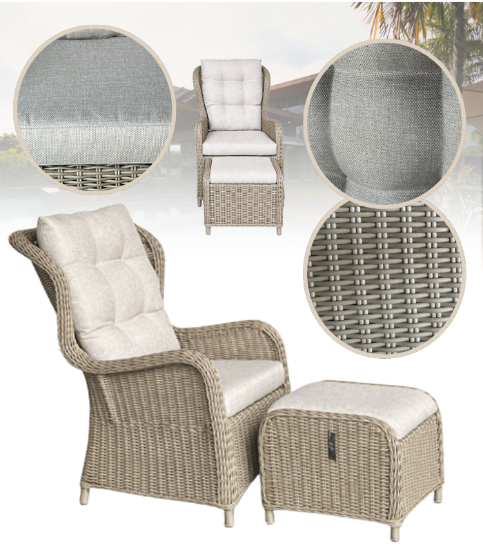 Záhradné relaxačné ratanové kreslo s podnožkou