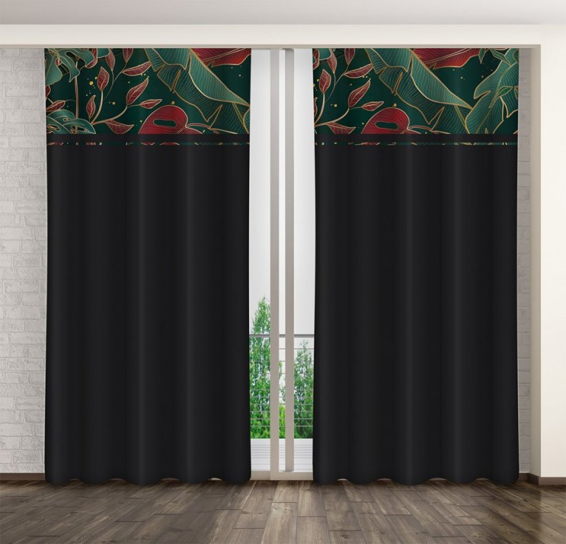 Klassischer schwarzer Vorhang mit grünem und burgunderrotem Blätterdruck
