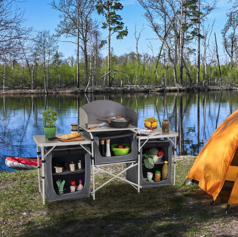 Große faltbare Campingküche mit 3 Fächern 175 x 47 cm - grau