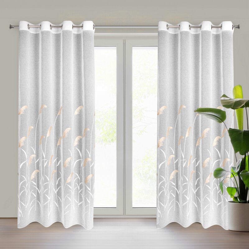 Záclona s výšivkou pampové trávy - průhledná záclona na kruzích