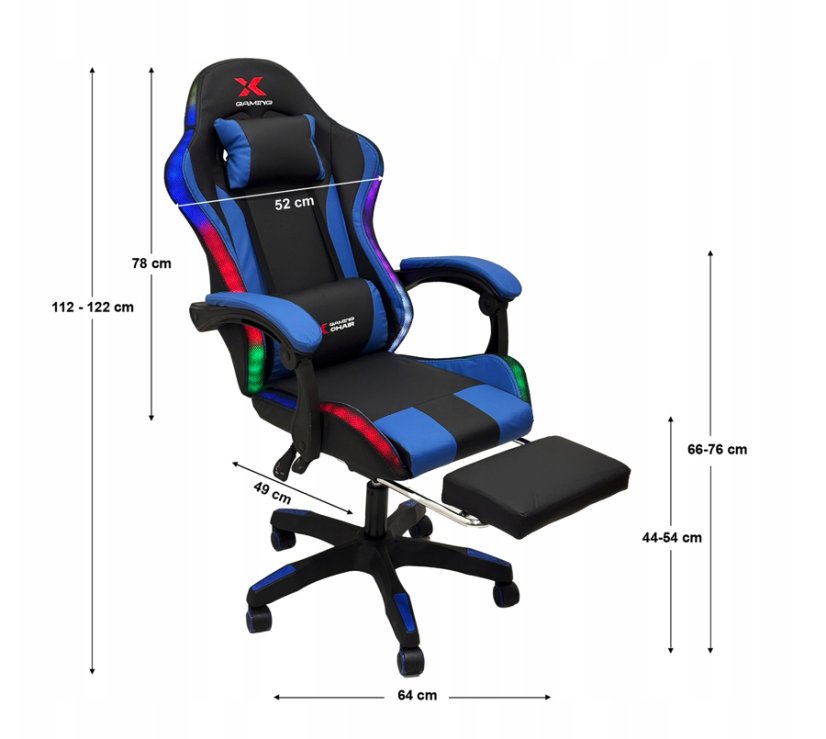 Xgaming LED геймърски стол с поставка за крака - черен и син