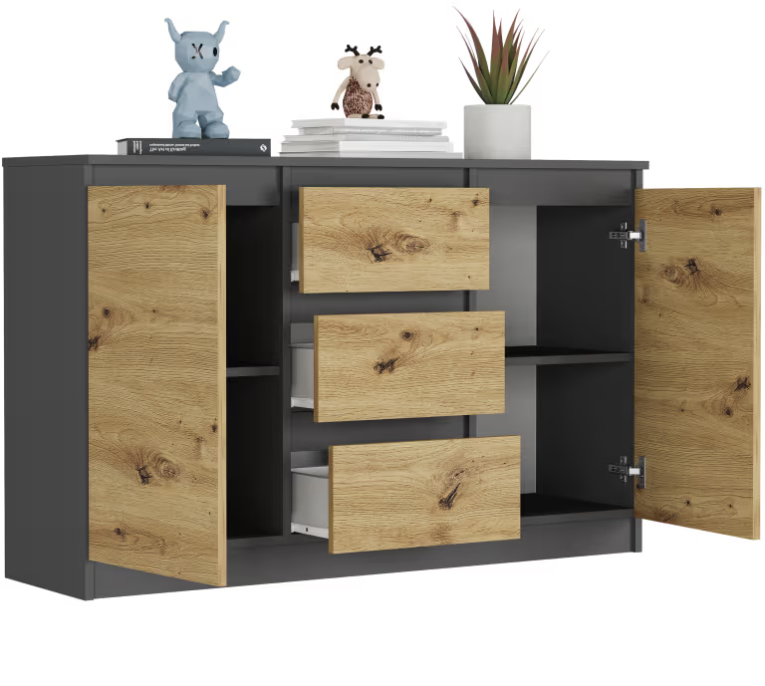 Komoda R-120-S3 se 3 zásuvkami a dvířky – různé barevné varianty - Barva produktu: sonoma