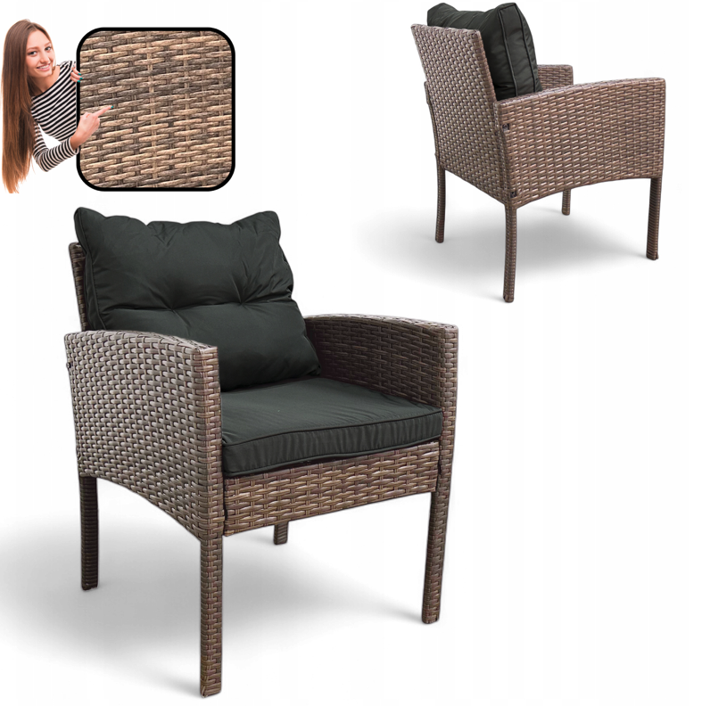 Hnědé zahradní křeslo z technoratanu SFS078-SC se šedými polštáři