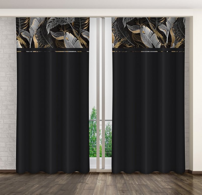 Klasický černý závěs s potiskem šedých a zlatých listů - Rozměr závěsu: Šířka: 160 cm | Délka: 270 cm