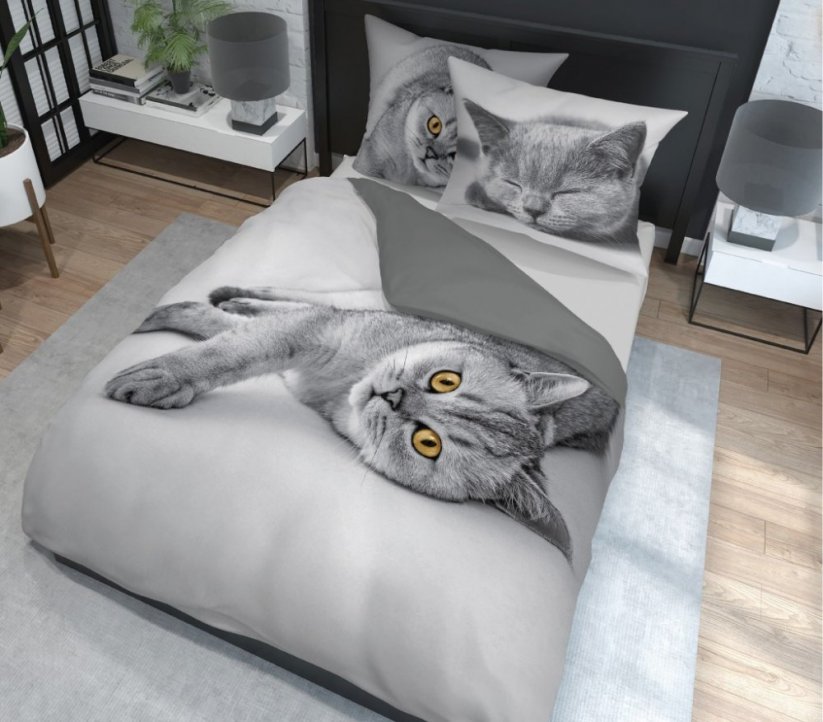 Sivé bavlnené posteľné obliečky s motívom mačiatka