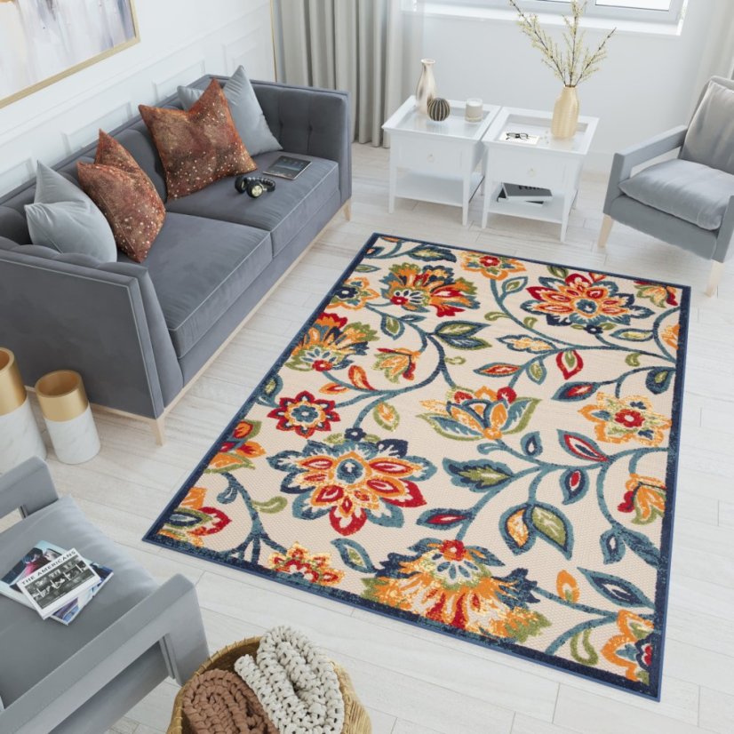 Krémszínű teraszszőnyeg színes virágokkal