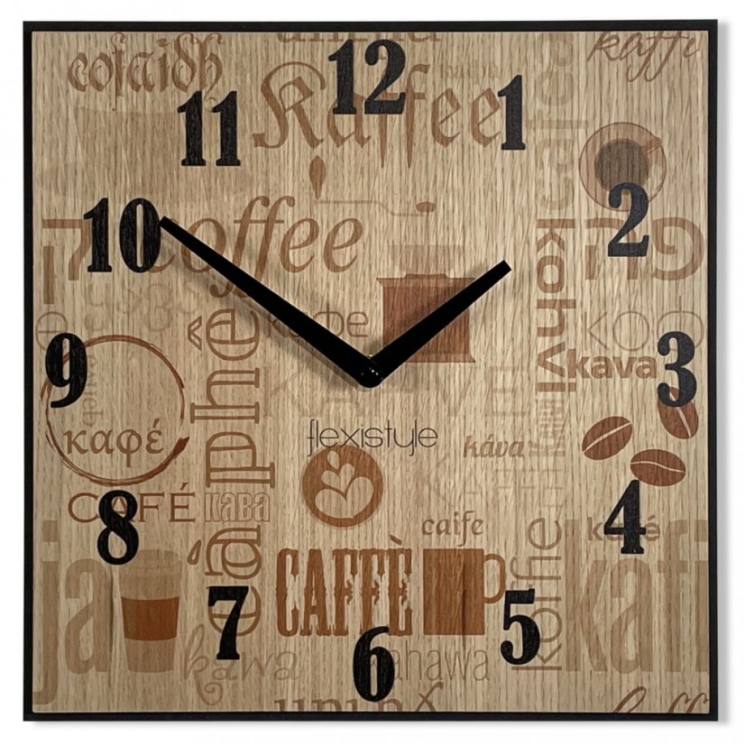 Dřevěné hodiny s nápisy coffe