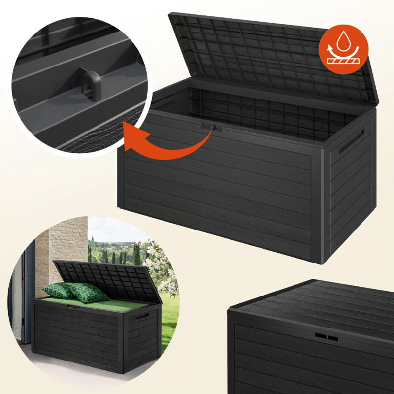 Ladă de depozitare pentru grădină Woody 280 l - antracit, aspect lemn, impermeabilă
