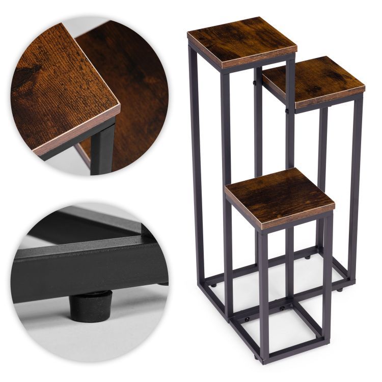 Stojan na květiny Loft - 3 police, černá ocel a dekor dřeva