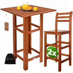 Set bar din lemn de salcâm - masă înaltă + 2 scaune de bar