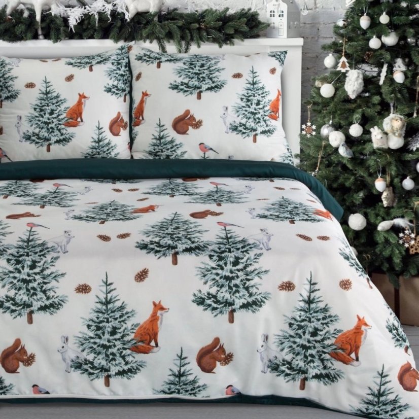 Коледни чаршафи от микрофибър - бяло-зелени с горски животни