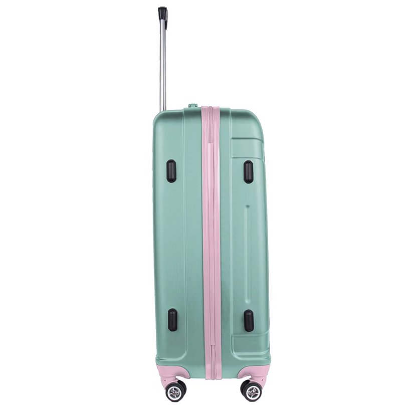 Grande valigia da viaggio verde con dettagli rosa