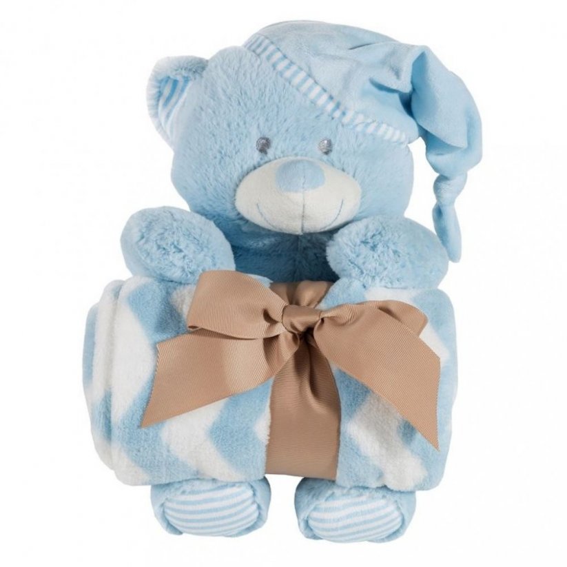 Stylová dětská sada modro bílá deka s plyšovou hračkou medvídka