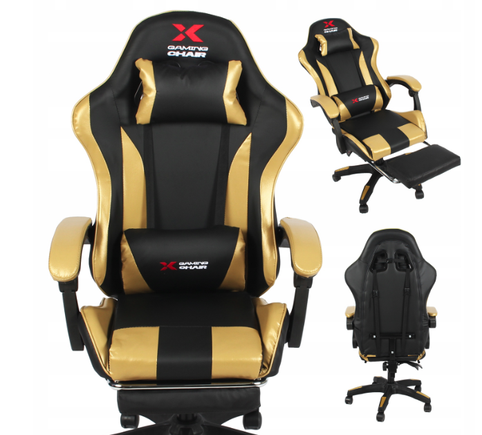 Xgaming játékszék lábtartóval - fekete és arany színű