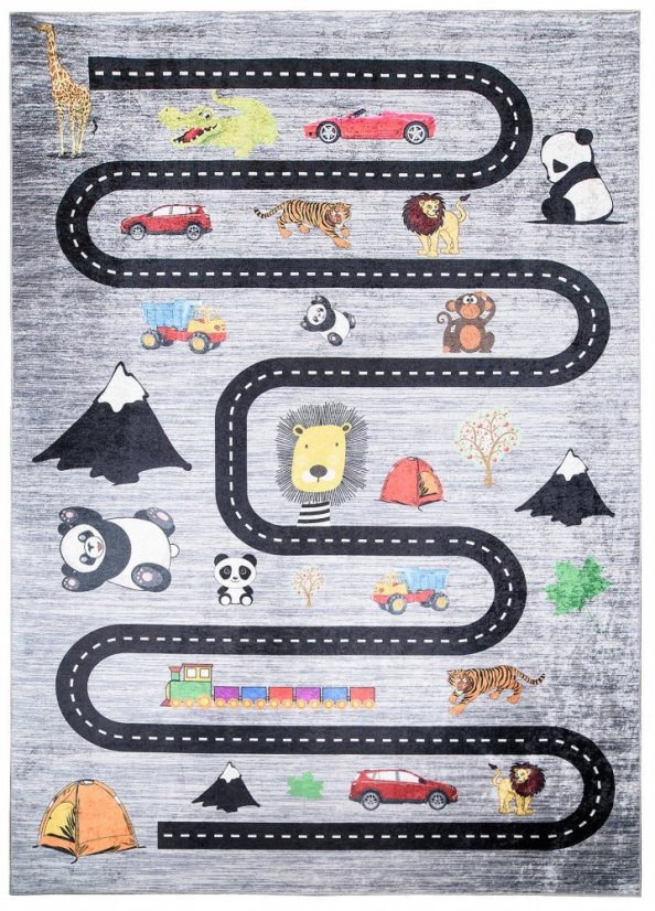Kinderteppich mit Straßen-, Auto- und Tiermotiv