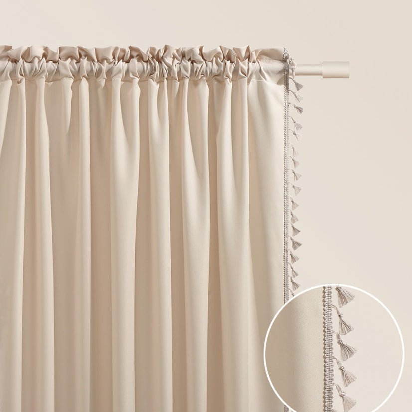 Krémszínű függöny LARA szalaghoz, bojtokkal 140 x 280 cm
