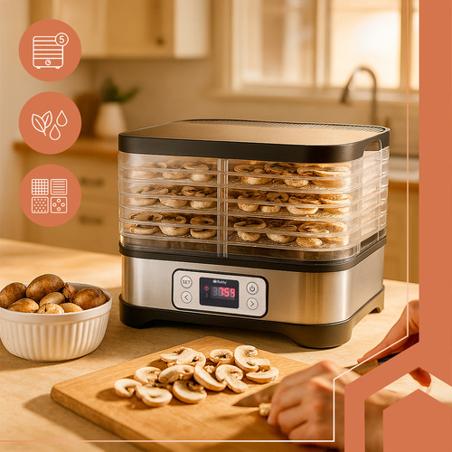 Elektromos gomba- és gyümölcsszárító LCD kijelzővel - 400 W