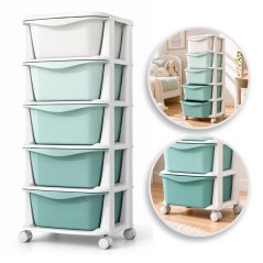 Műanyag polcrendszer 5 mentaszínű, görgős fiókkal – tárolószervező, 98 cm