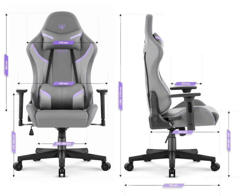Herné ergonomické kreslo HC-2002 s nosnosťou 150 kg - sivé s fialovými detailmi