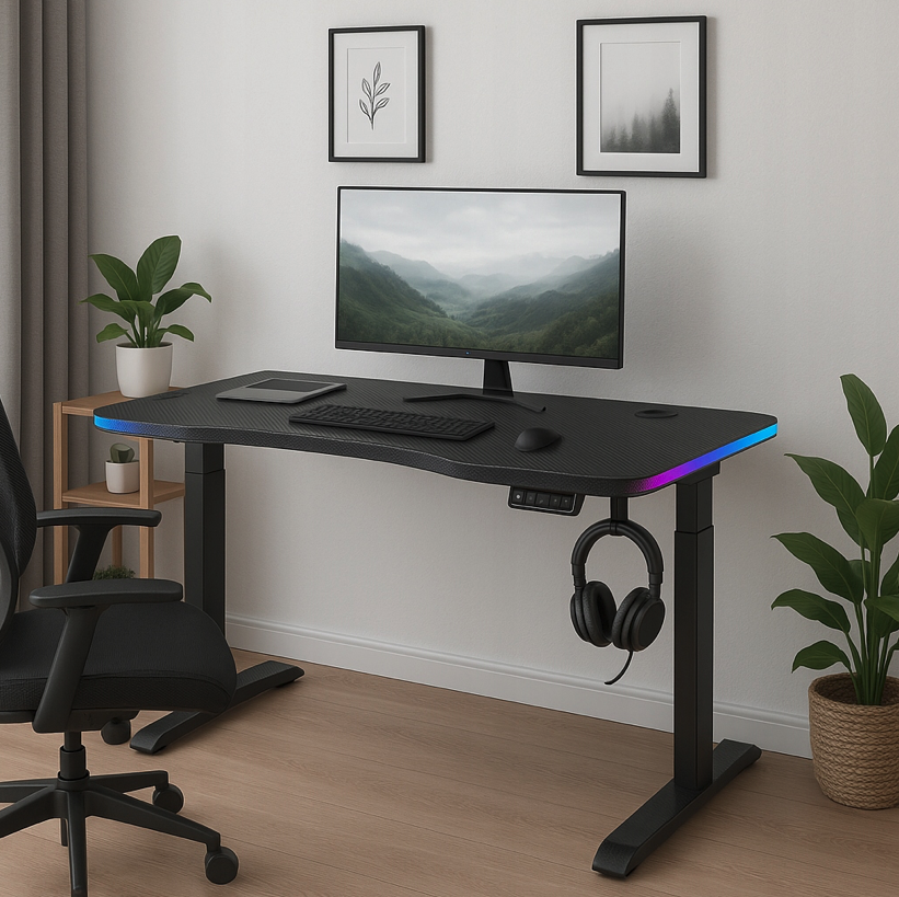 Elektrický výškovo nastaviteľný stôl 140 cm – čierny s LED podsvietením