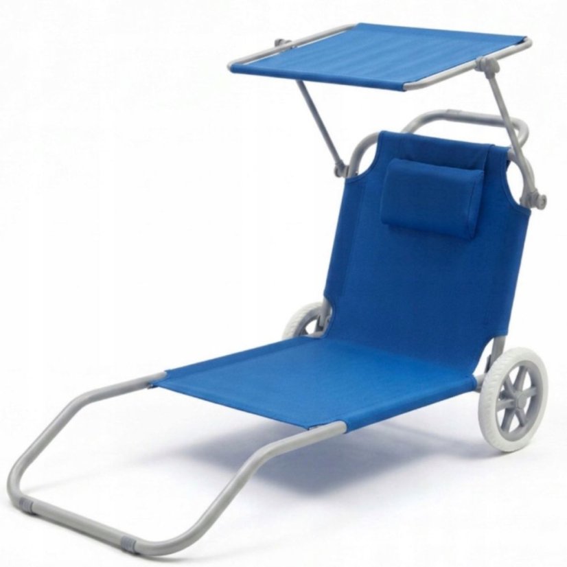 Plážové ležadlo 2v1 s kolieskami a strieškou – skladacie lehátko s vozíkom a vankúšom