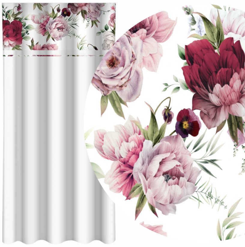 Jednostavna bijela zavjesa s printom ružičastih i bordo božura