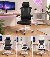 Ergonomické kancelárske kreslo s opierkou hlavy a sieťovaným operadlom čierne s bielou konštrukciou