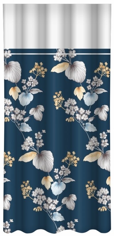 Blauer Vorhang mit beigem Blumen- und Blätterdruck und weißer Bordüre